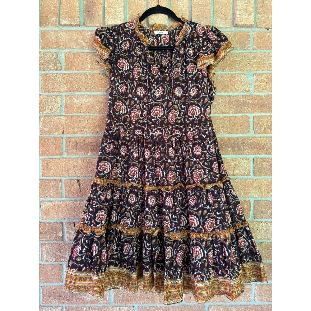 Anthropologie Almeria Ruffled Mini Dress By Othilia Cotton Black/Floral Print - Picture 2 of 13